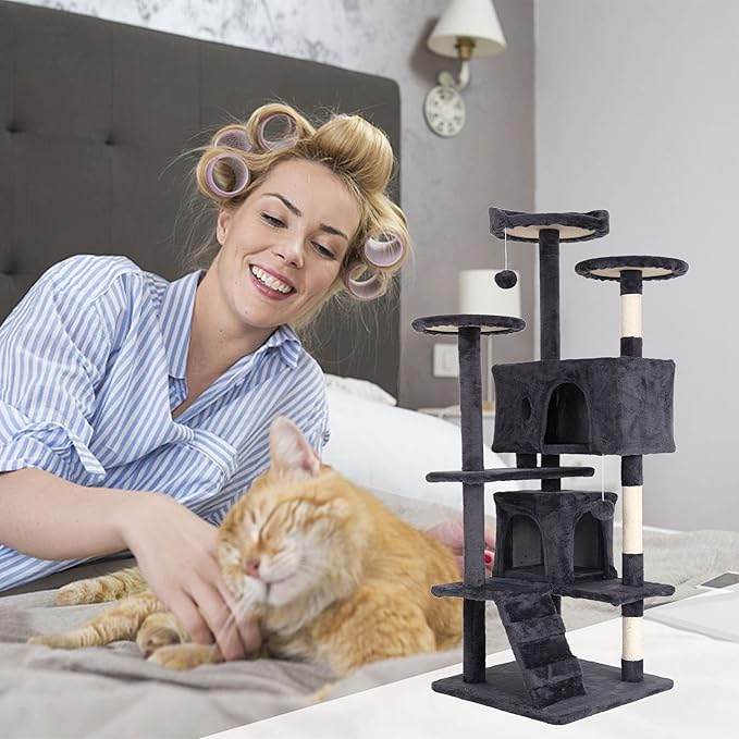Heavy Duty Cat Tree Tower, Cat Condo, Hanging Ball, Light Grey - Image 2