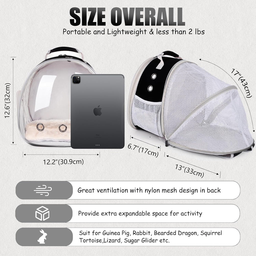 Back Expandable Backpack for Small Animals, Portable Travel Bag Breathable Pet Carrier Cages for Bunny, Guinea Pig, Bearded Dragon, Lizard, Rabbit, Squirrel, Tortoise, Kitten, Sugar Glider