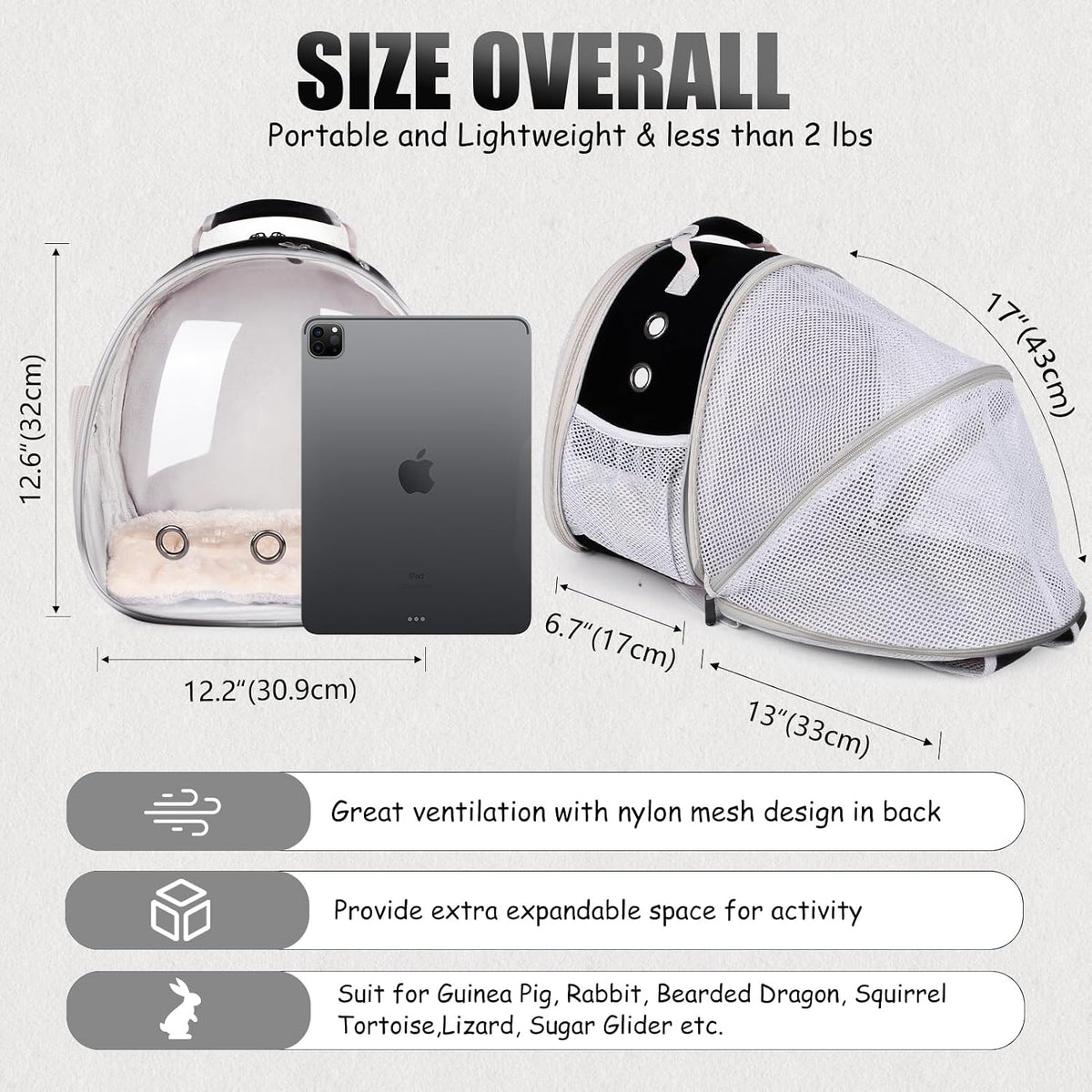 Back Expandable Backpack for Small Animals, Portable Travel Bag Breathable Pet Carrier Cages for Bunny, Guinea Pig, Bearded Dragon, Lizard, Rabbit, Squirrel, Tortoise, Kitten, Sugar Glider