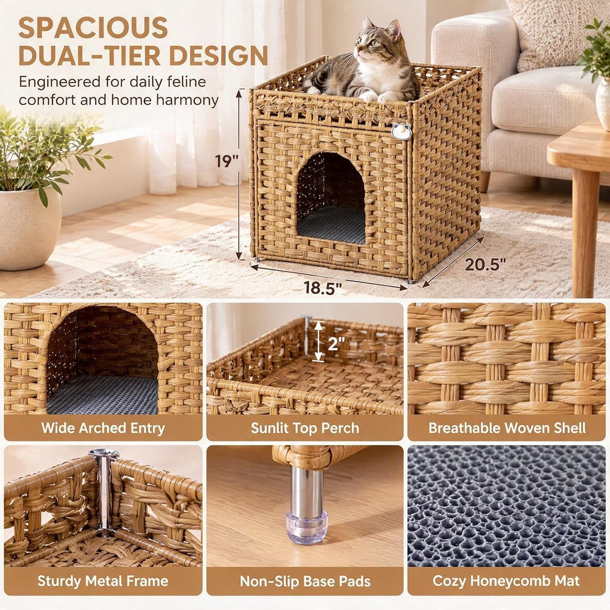 Cat Litter Box Enclosure, Extra Large Hidden PE Rattan Natural,Spacious Double Door PE Rattan Cat Washroom Bench, Side Table Look, Metal Frame