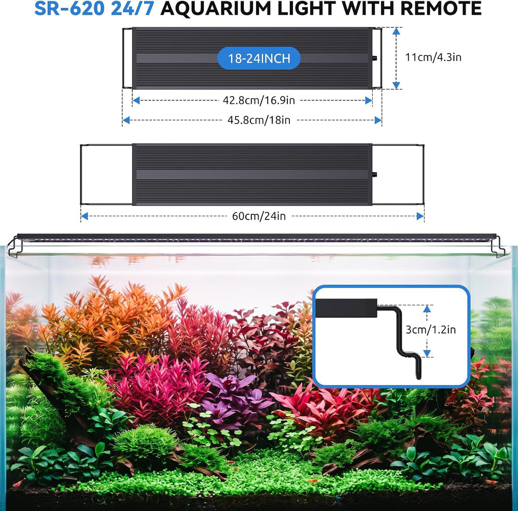 SEAOURA LED Aquarium Light with Remote Control, 18-24 Inch, Full Spectrum Fish Tank Light for Plant Growth, Auto Timer & On/Off, 20-Brightness, with Extend Bracket, 24/7 Cycle, Day/Night and DIY