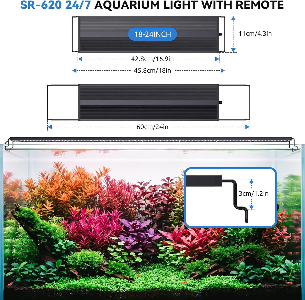 SEAOURA LED Aquarium Light with Remote Control, 18-24 Inch, Full Spectrum Fish Tank Light for Plant Growth, Auto Timer & On/Off, 20-Brightness, with Extend Bracket, 24/7 Cycle, Day/Night and DIY