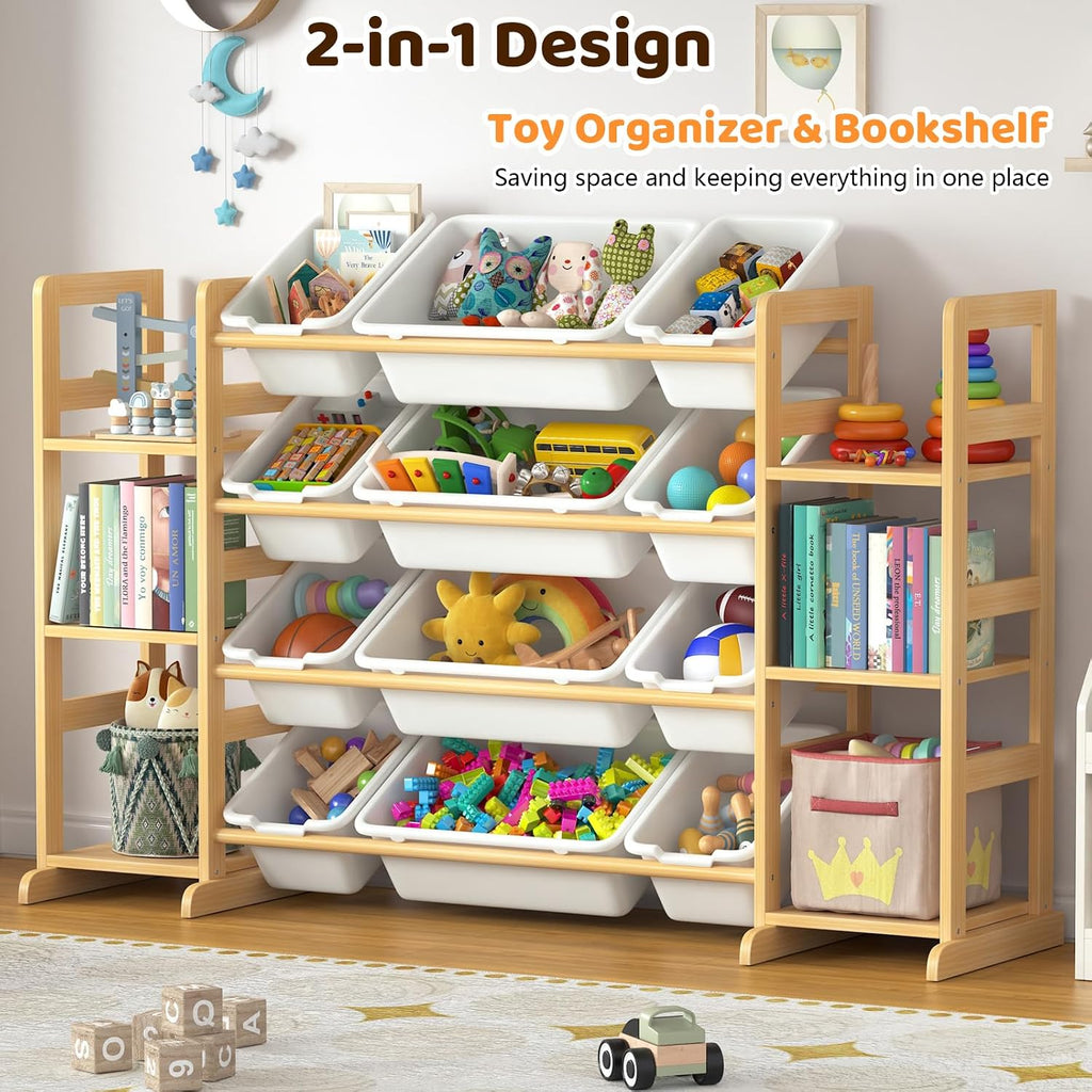 Large Toy Storage Organizer Kids Toy Organizer and Bookshelf Combo with 12 Bins and 6 Shelves Toy Organization Box Toy Shelf for Playroom, Bedroom, Nursery