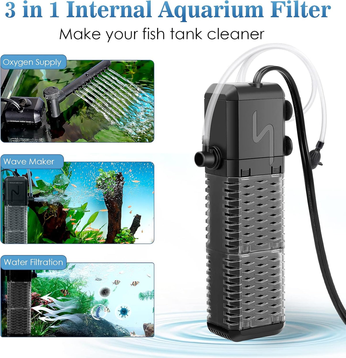 AQQA Submersible Aquarium Filter, Adjustable Flow with Aeration System