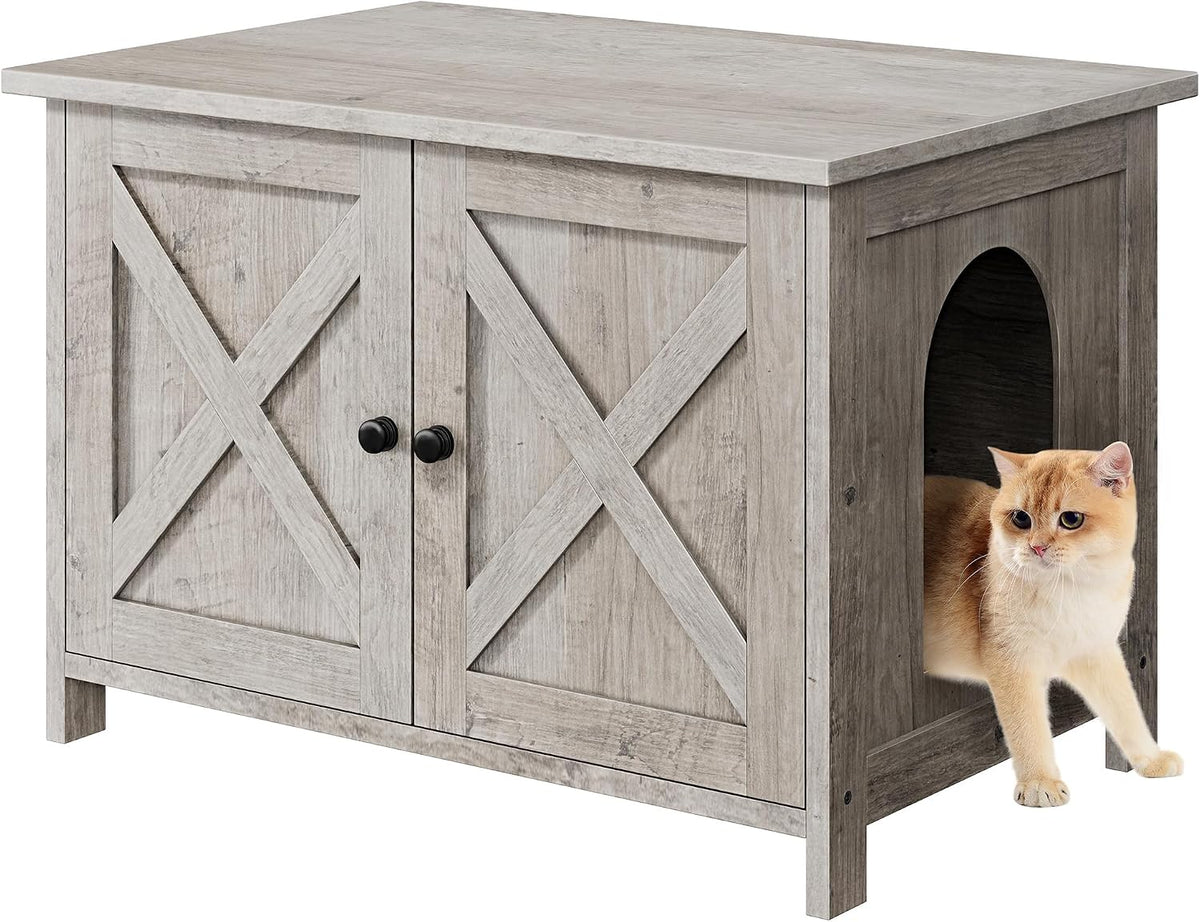 Shintenchi 31.5 inch Cat Litter Box Enclosure, Litter Box Furniture Cabinet Hidden with Removable Divider, Wooden Cat House with End Table, White