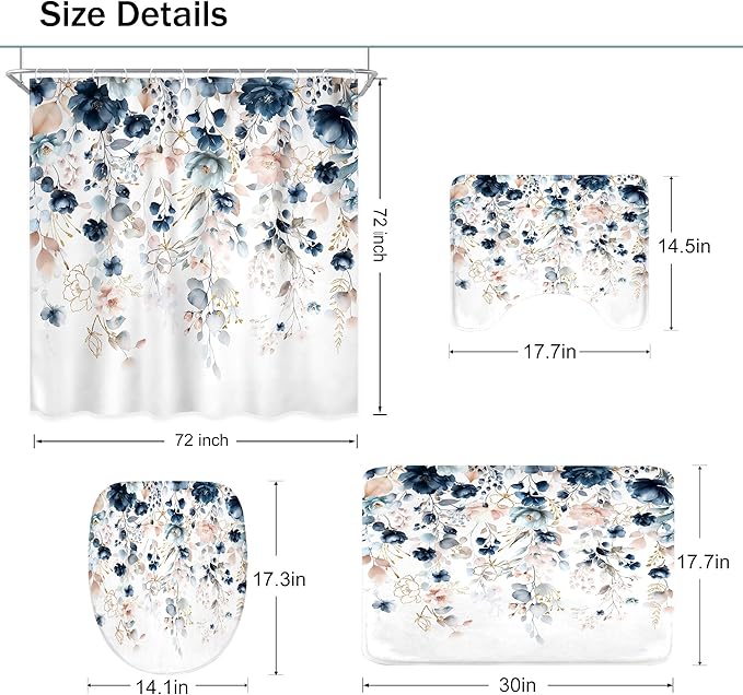 4 PCS Navy Blue Floral Flower Shower Curtain Set 72Wx72H Inch Watercolor Pastel - Image 4