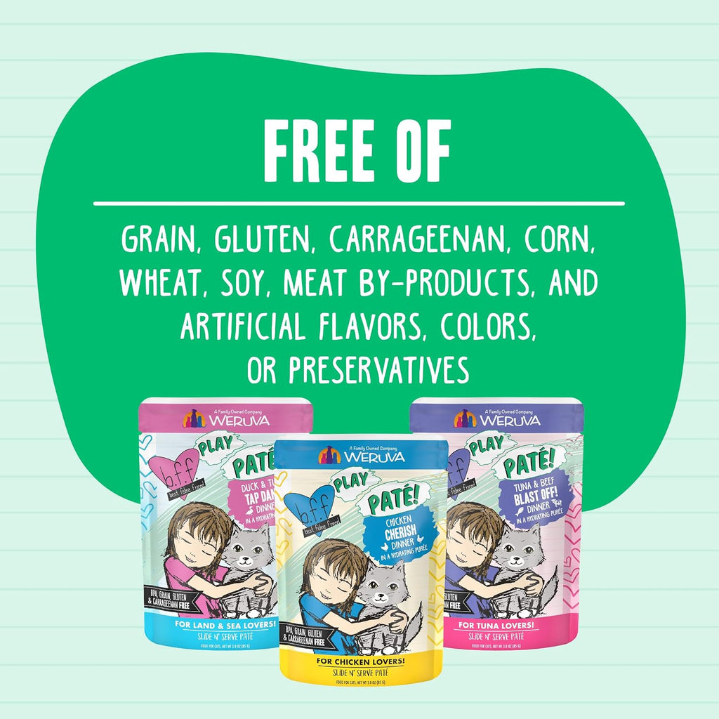 Weruva B.F.F. Play - Best Feline Friend Paté Lovers, Aw Yeah!, Paté Partay! Variety Pack, 3oz Pouch (Pack of 12)