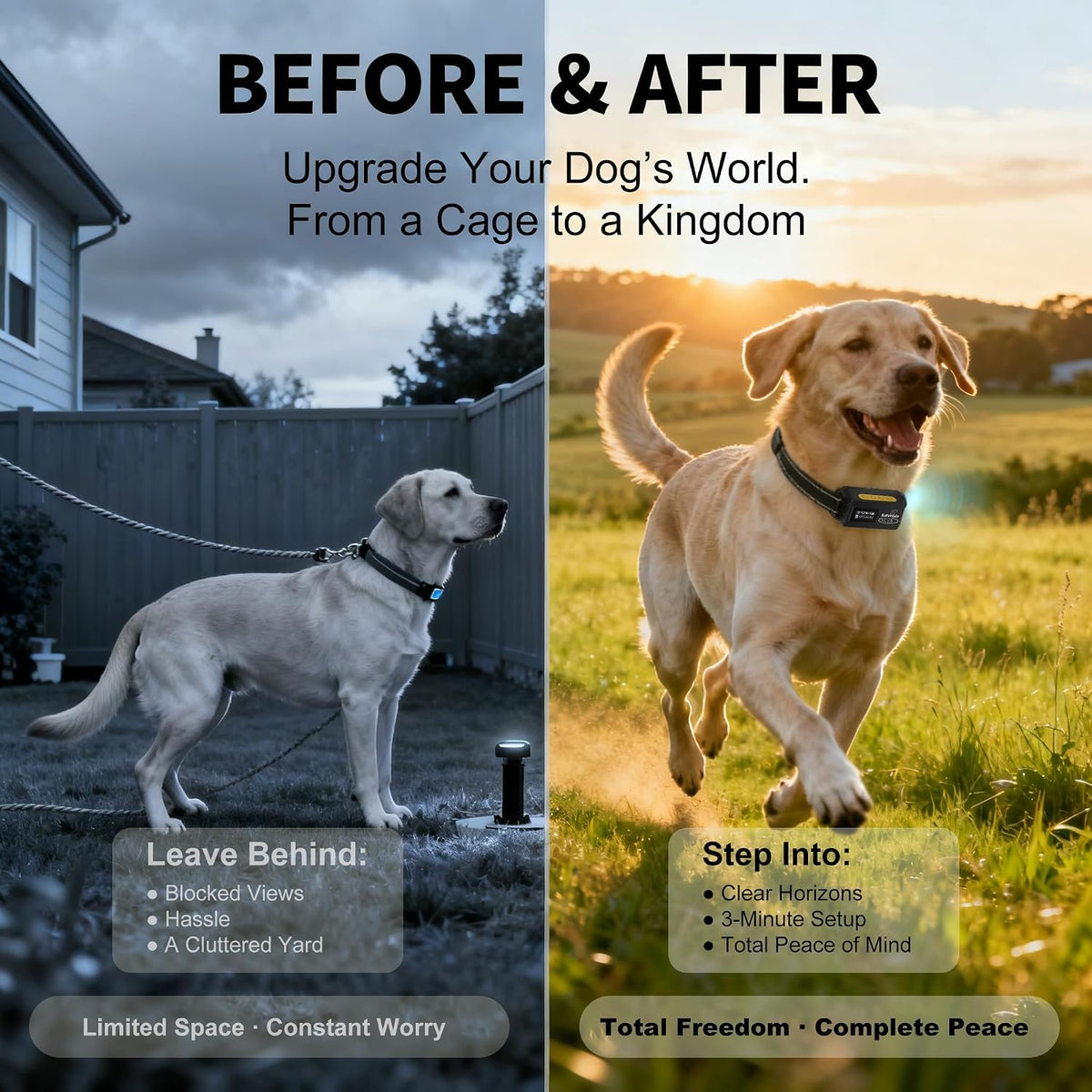 GPS Wireless Dog Fence System, No Subscription Electric Dog Collar, Circular (65-9,840 ft Radius) & Custom Boundaries, Waterproof Portable Pet Containment System for Medium & Large Dogs