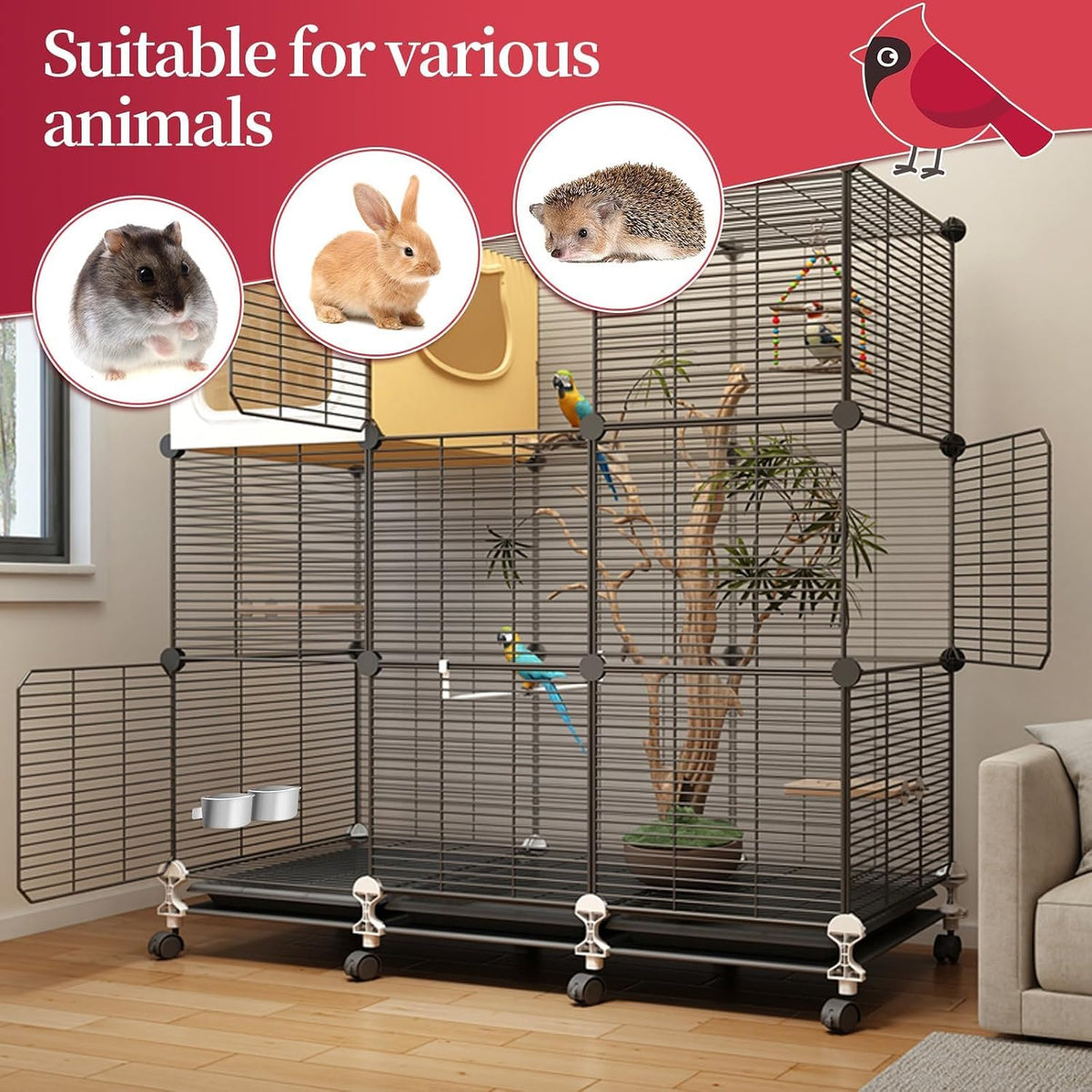 Bird Cage Feeder, Bird Feeder for Cage, 2 Pcs 10oz Stainless Steel Food Water Bowls with Clamp, Hanging Coop Cups for Parrot Cockatiel Hamster Rabbit Rat Small Animals