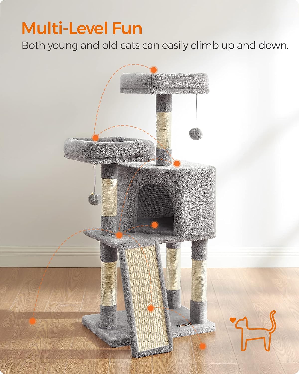 Feandrea Cat Tree, 45.3-Inch Cute Cat Tower, Climbing Condo, Light Gray
