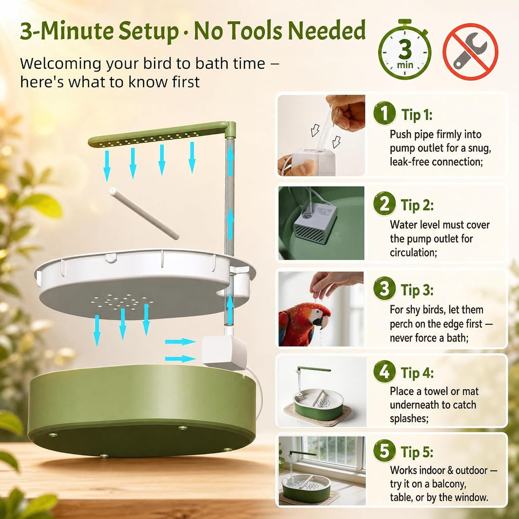 Bird Shower, Parrot Bath for cage with Circulating Water, Green Pipe