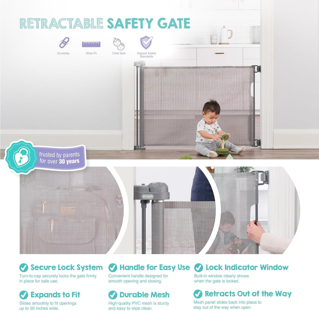 Regalo Safety 50" Retractable Mesh Baby Gate, Bottom of Stairs & Doorways