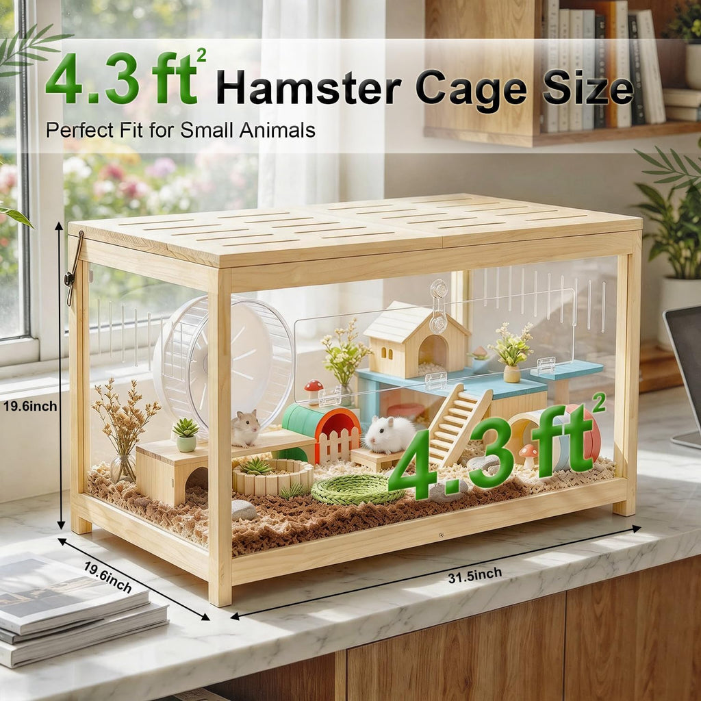Hamster Cage with Open Top, Large Hamster Enclosure 31in, Wood