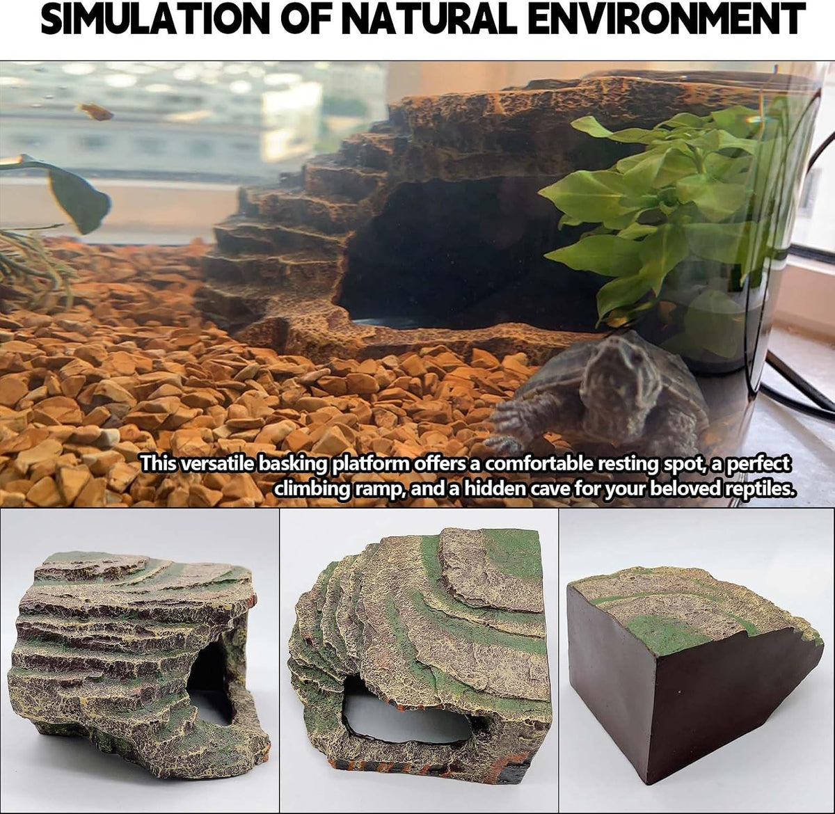 kathson Small Turtles Basking Platform,Resin Reptile Hideouts Cave Habitat Decor,Tortoise Hide Cave with Climbing Ramp Step,Bearded Dragons Hide Basking Rocks Accessories for Lizard,Gecko,Frog