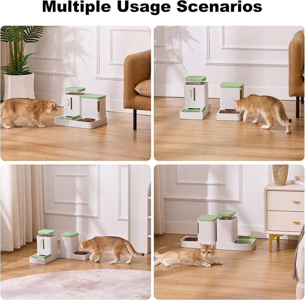 ZOMISIA Gravity Cat Feeder and Water Dispenser, 0.8 Gal x 2, White & Green