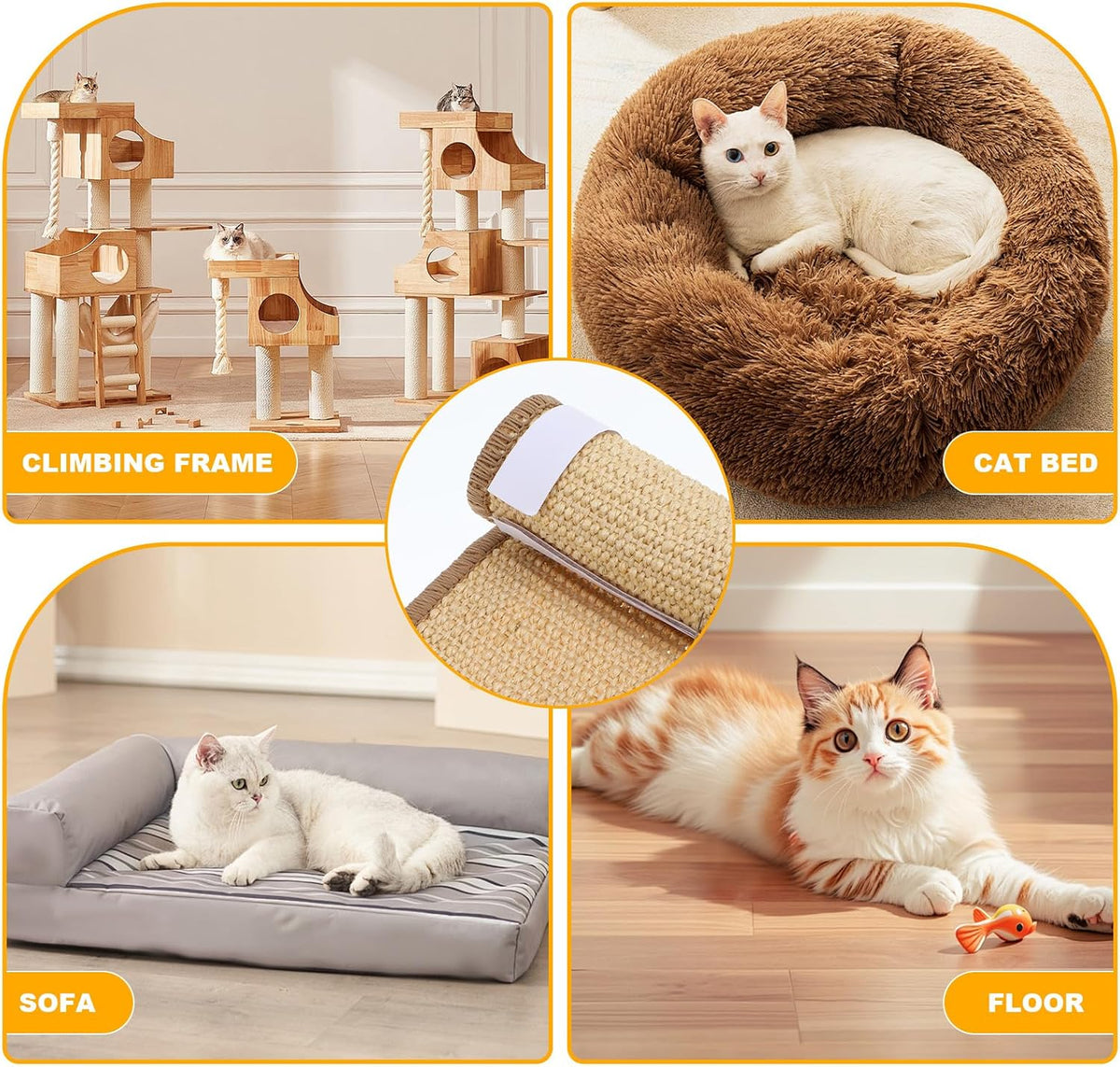 4 Pcs Sisal Cat Scratching Mat, 15.7 x 7.9 Inch Horizontal Scratching Pad with Adhesive Tape, Furniture Protector for Sofa Carpet Floor and Indoor Cats, Beige