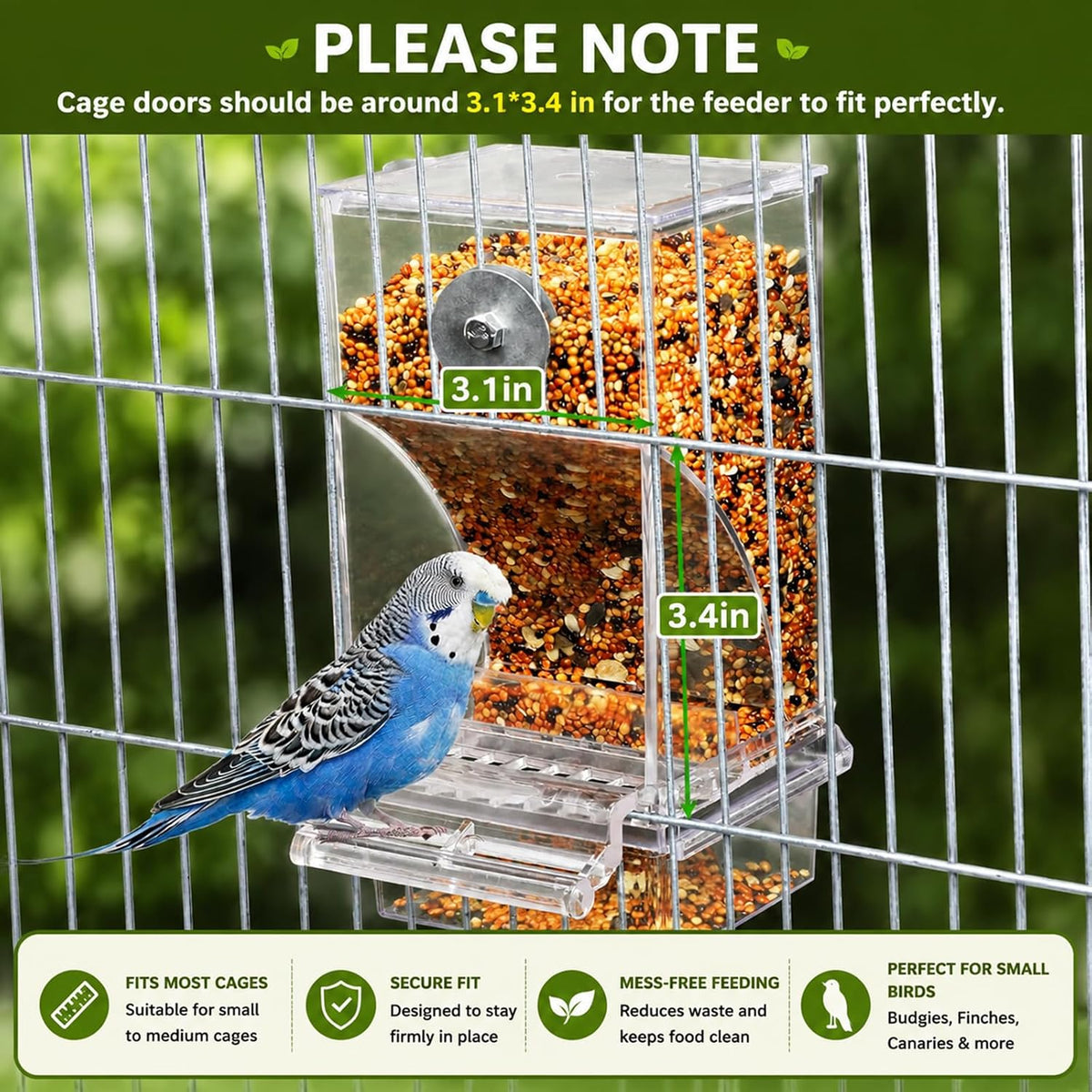 Rypet No-Mess Automatic Bird Feeder, Parakeet Cage Accessories