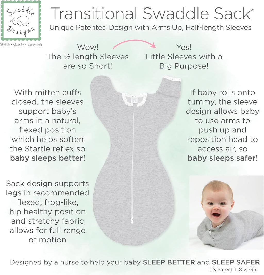 SwaddleDesigns Transitional Swaddle Sack, Cotton, Heathered Denim, 0-3mo
