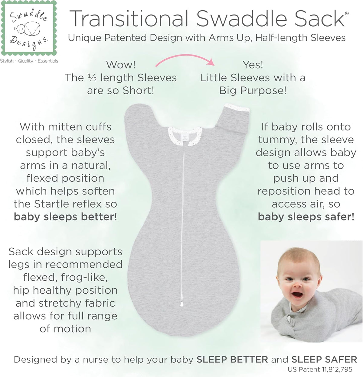 SwaddleDesigns Transitional Swaddle Sack, Cotton, Heathered Denim, 0-3mo