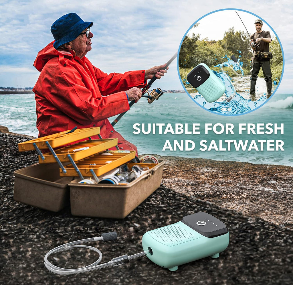 Skywin Portable Aerator for Fish,USB Rechargeable Live Bait Aerator 18–32H Battery, Keeps Bait Alive Anywhere, Quiet Aquarium Water Pump for Buckets, Coolers, Aquariums, Salt & Freshwater