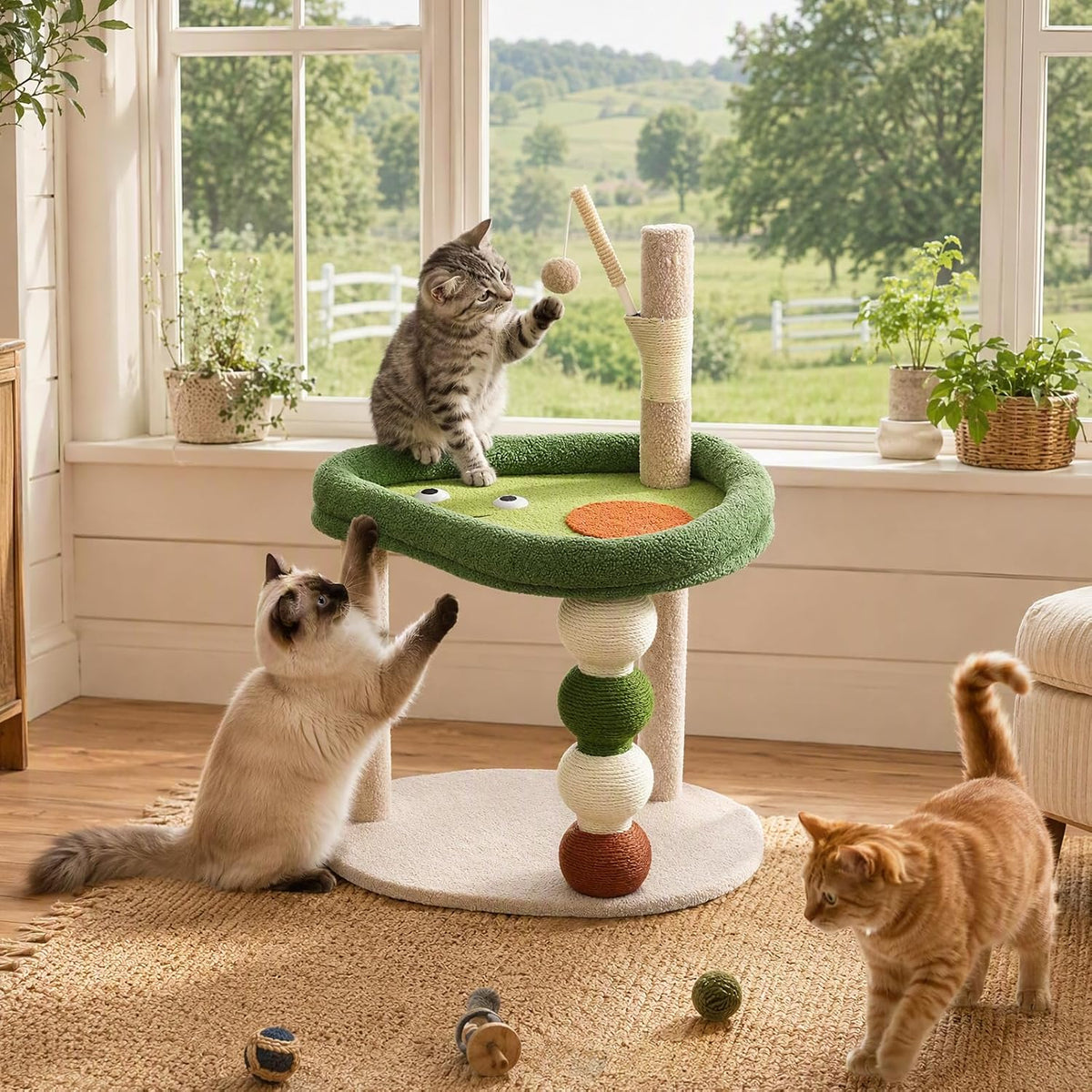 Small Cat Tree, 28" Cat Tower for Window Viewing, Beige and Green
