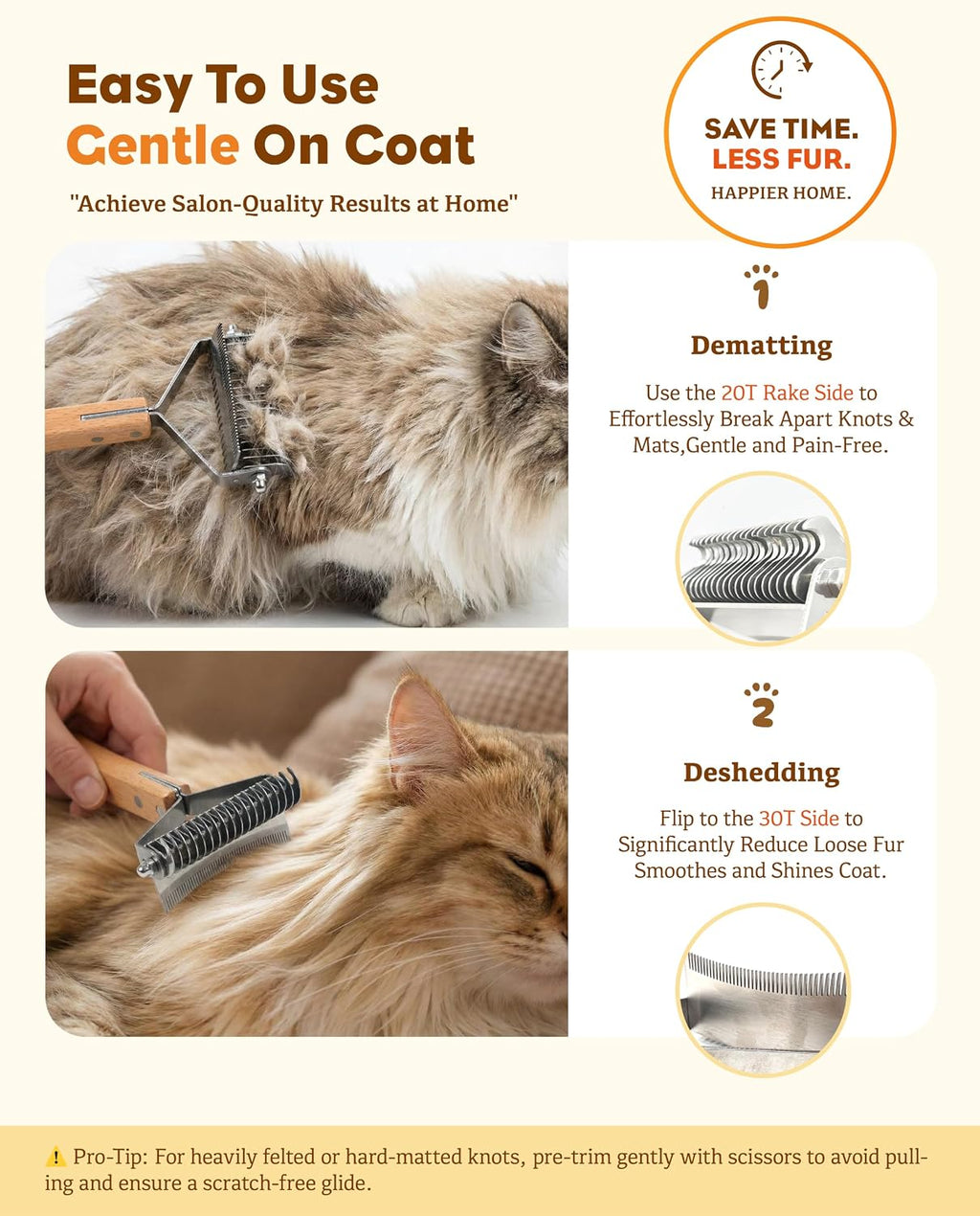 Deshedding & Dematting Brush for Cats, Cat Brush for Long Haired Cats, Professional 2-in-1 Undercoat Rake for Shedding, Efficiently Removes Loose Hair & Tangles, Safe Detangler for Matted Fur