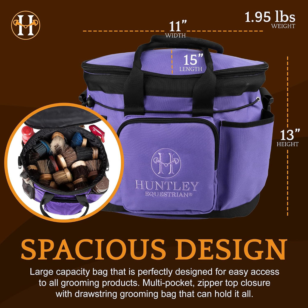 Huntley Equestrian Deluxe Grooming Bag Perfectly Designed Easy Access Multi Pocket Zipper Top Closure Double Handles Shoulder Strap Exterior Pockets - Purple