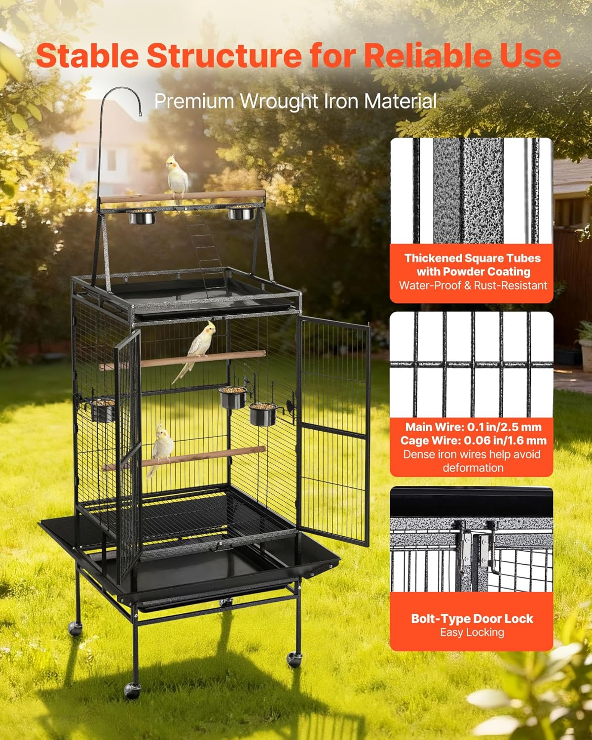 VEVOR Bird Cage, 32.7 x 31.1 x 82.7 inch, Open Flat Top, Wrought Iron Bird Flight Cage with Perches, Slide-Out Tray, Plastic Feeders, for Cockatiel, Monk Parakeet, Amazon Parrot, African Grey Parrot