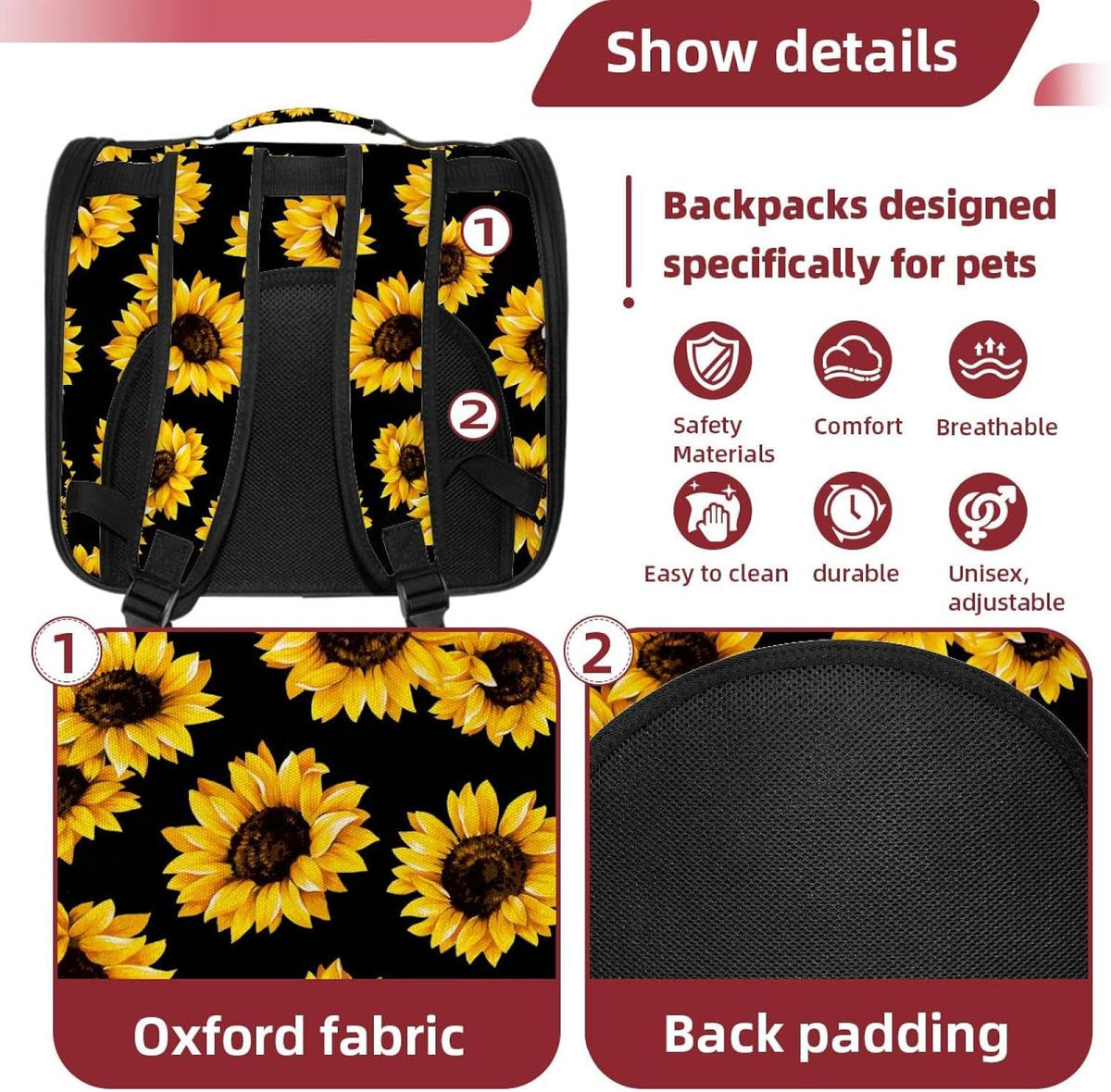 Sunflower Black Pattern Traveler Backpack Pet Carriers for Cats and Dogs