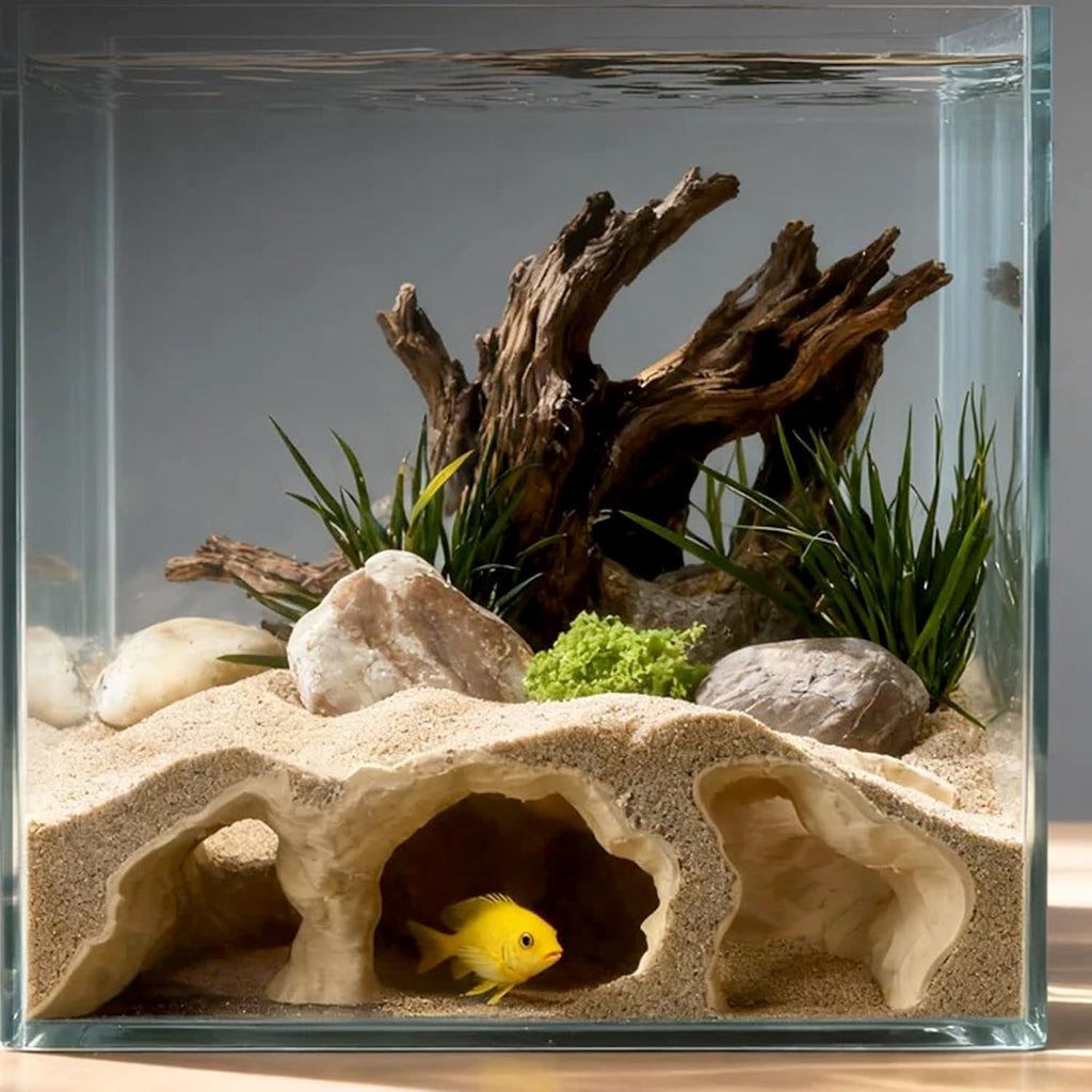 LIYAOLI Aquarium Ornaments Cave Tunnel with Viewing Ports | Fish Tank Decoration Hideout for Pleco, Shrimp & Corydoras | Substrate-Friendly Design & Sinking Base (S - White)