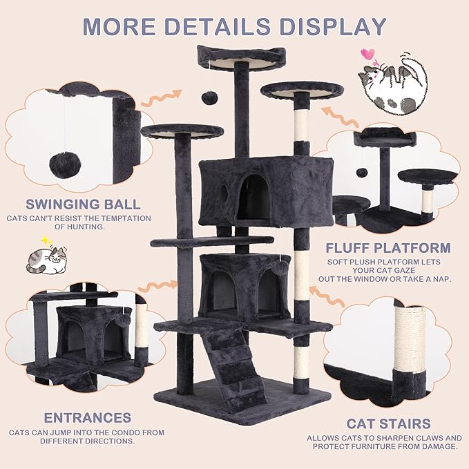 Heavy Duty Cat Tree Tower, Cat Condo, Hanging Ball, Light Grey - Image 4