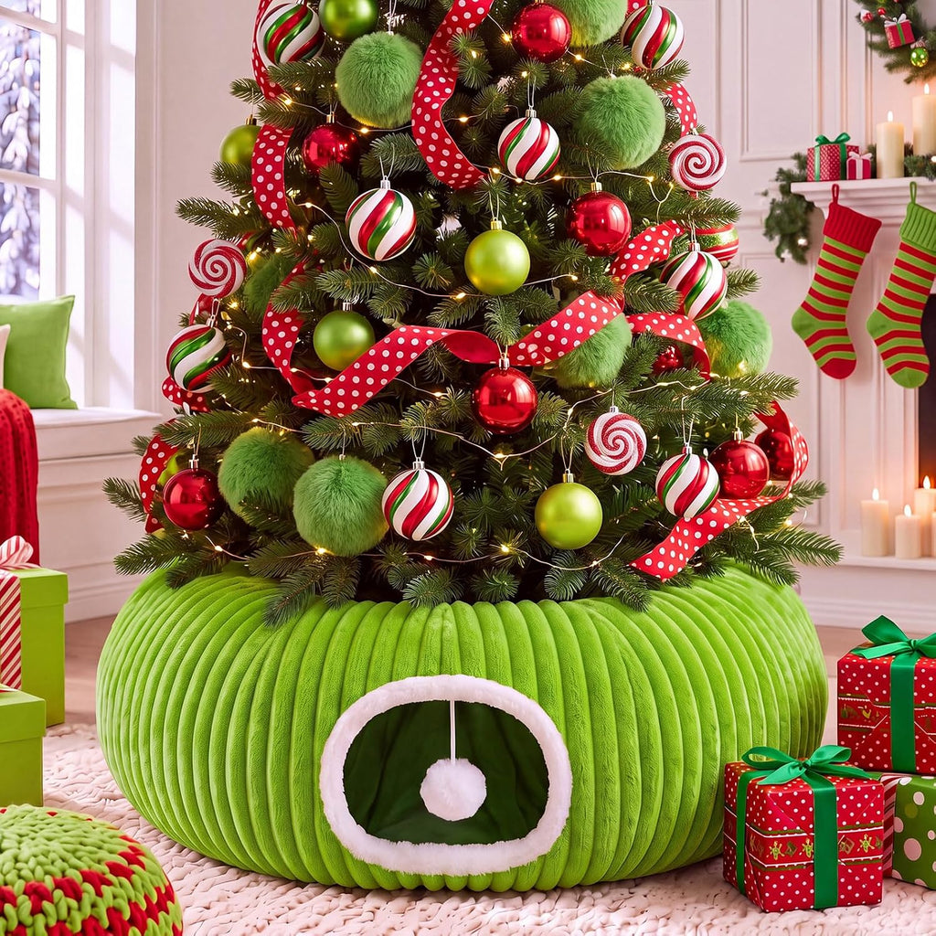 Christmas Tree Cat Tunnel 36 in Donut Bed, Beige, Plush, Fluffy