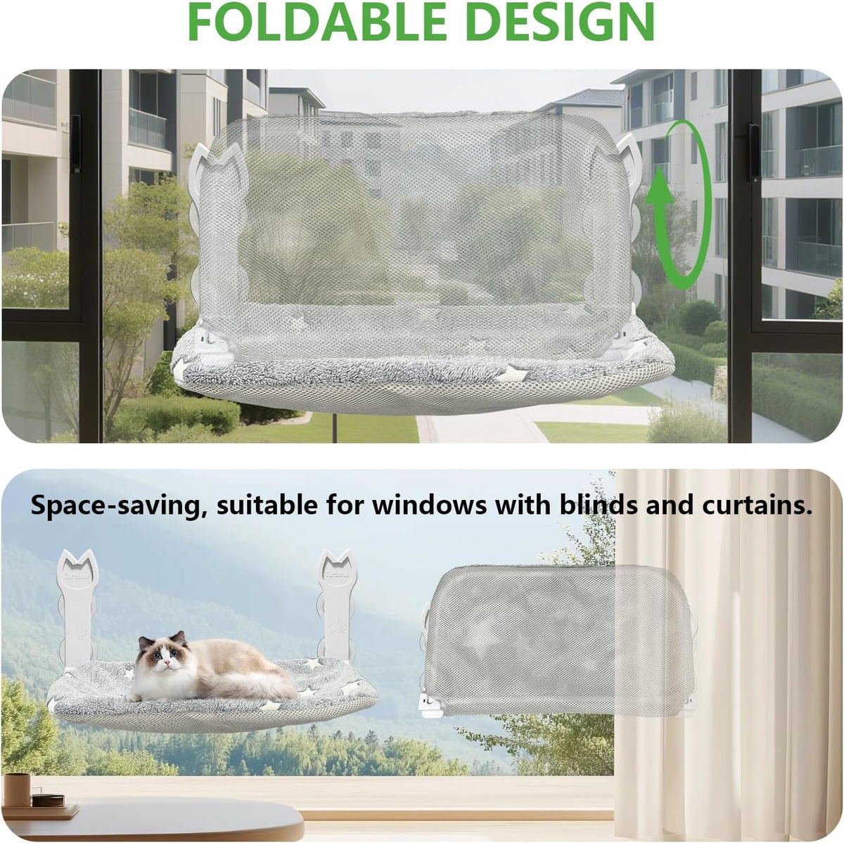 2 Pack Cat Window Perch, Glow in The Dark Foldable Cat Window Hammock with Sunken Design, Removable Soft Cover, Breathable Cordless Window Bed for Cats Inside Holds up to 40lbs (Star Grey)
