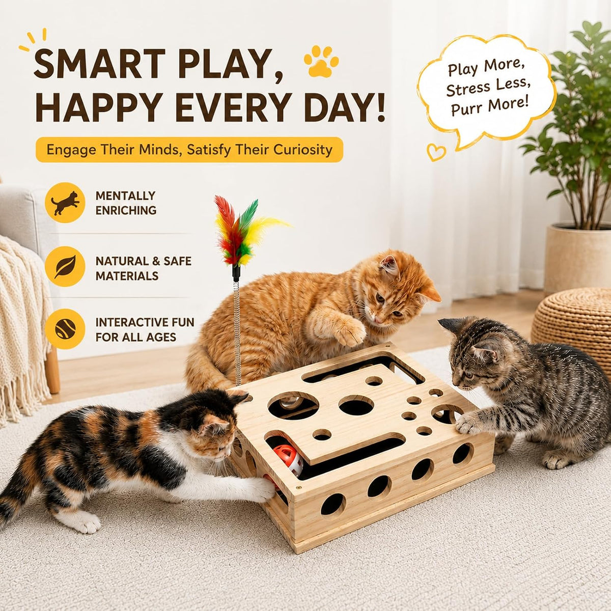 3-in-1 Cat Amazing Puzzle Box, Interactive Foraging Hunt & Cat Nail File Device with 1 Feather Wand & 3 Bell Balls, Wooden Enrichment System for Indoor Cats to Scratch, Play & Exercise