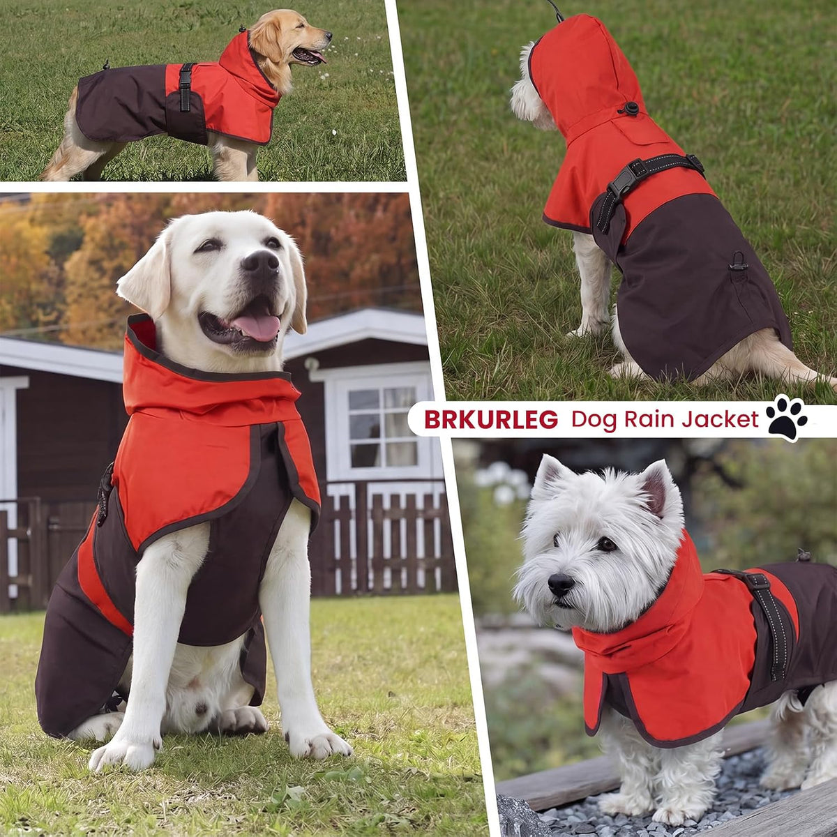 BRKURLEG Dog Raincoat, Waterproof Rain Jacket with Hood, Red Brown, L