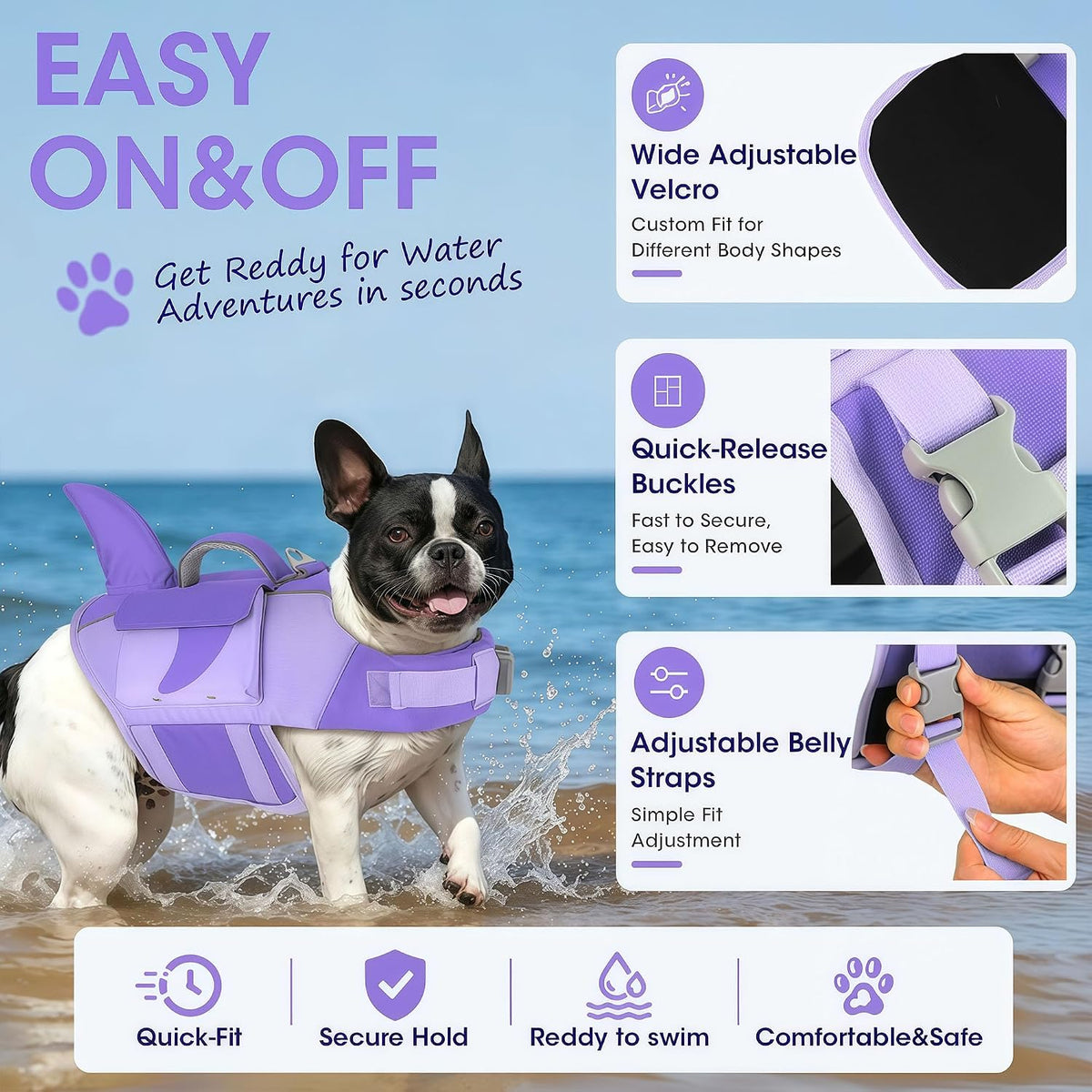 Dogcheer Shark Dog Life Jacket, High Buoyancy Dog Life Vest with Removable Foam Panels, Rescue Handle & Reflective Stripes, Dog Swimming Vest for Swim-Loving, Beginner, Senior & Weak Dogs, Purple XS