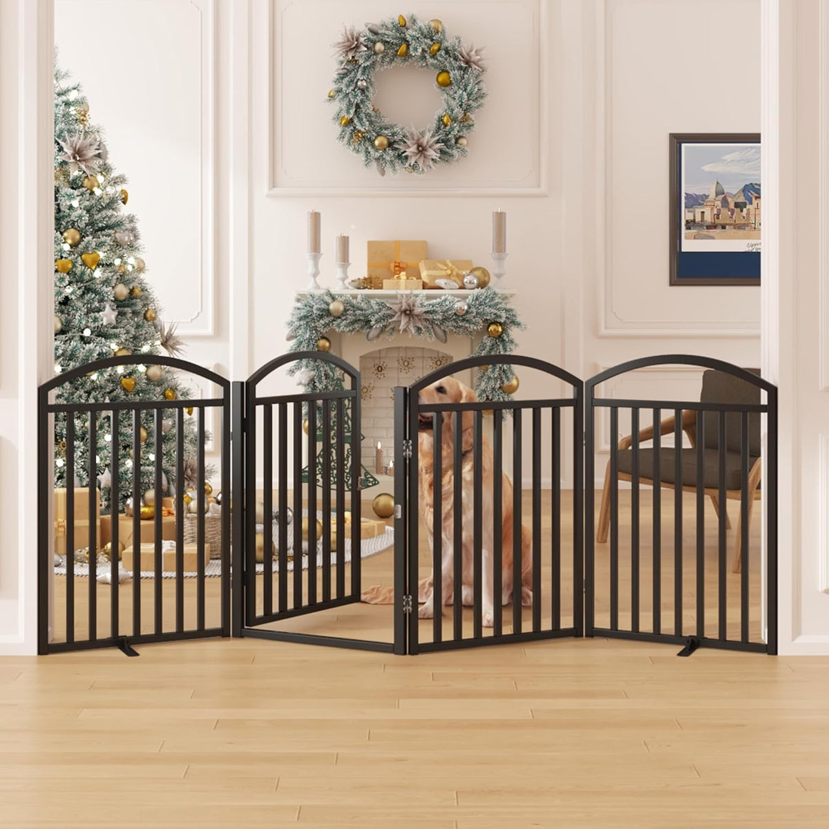 Foldable Pet Fence 144" Wide, 32" Tall,No-Assembly Dog Gate with Door,White