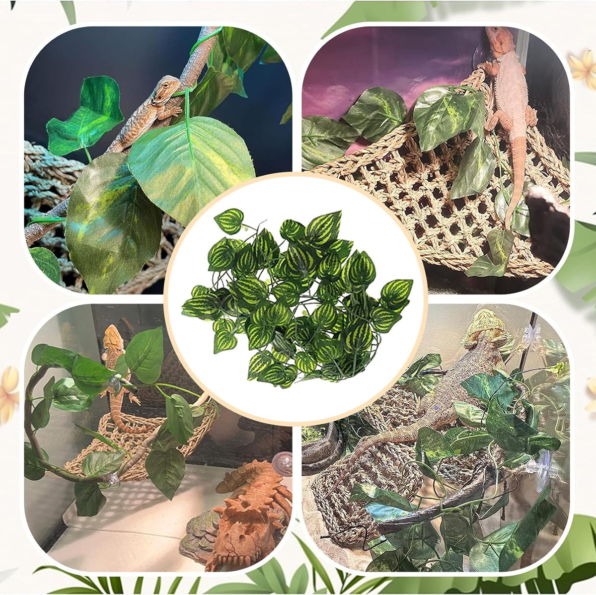 PINVNBY Bearded Dragon Hammock with Suction Cups,Lizard Lounger Natural Seagrass Reptiles Hammocks Reptile Tank Accessories Jungle Plants Climber Vines Leaves Habitat Decor for Lizards Chameleon Gecko