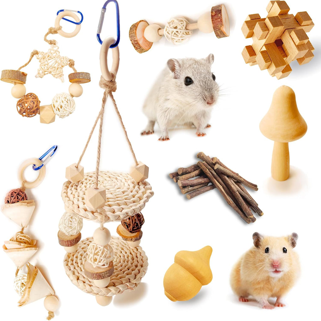 8 PCs Hamster Toys for Hamster, Gerbils, Mice, Rats and Other Small Animals to Chew and Play - Natural Molar Toys to Induce Teeth Grinding & Reduce Boredom and Depression