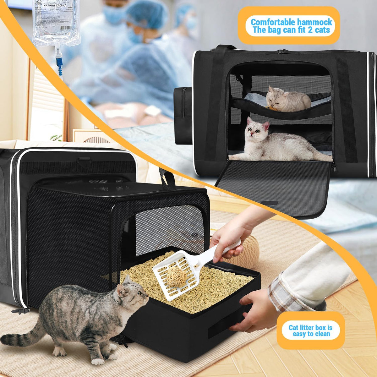 Petskd Side Expandable Extra Large Cat Carrier with Litter Box, Black