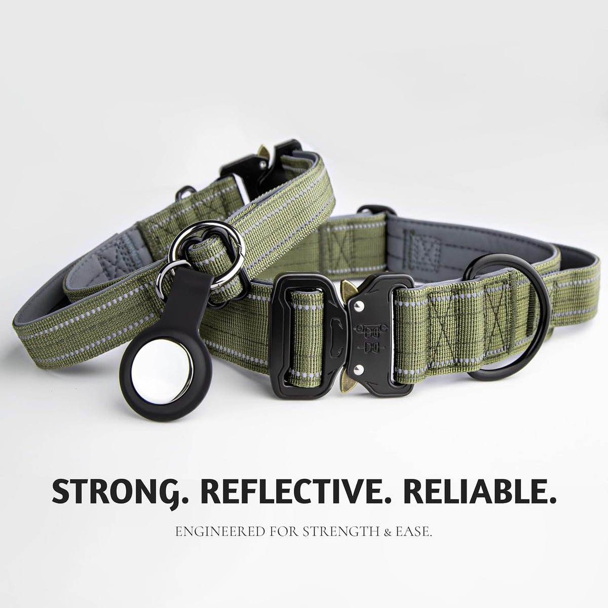Tactical Dog Collar with Control Handle & AirTag Holder Green