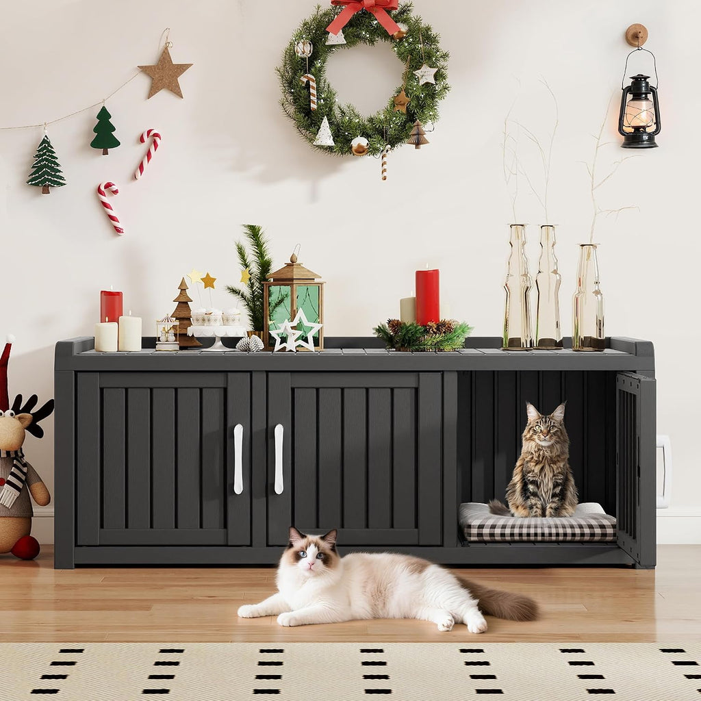 Cat Litter Box Enclosure, Hidden Cat Litter Box Furniture for 2 Cats, Resin Outdoor Cat Enclosure with Hidden Toilet, End Table, Fit Cat Litter Box, Black-Dual-Side Entry/exit