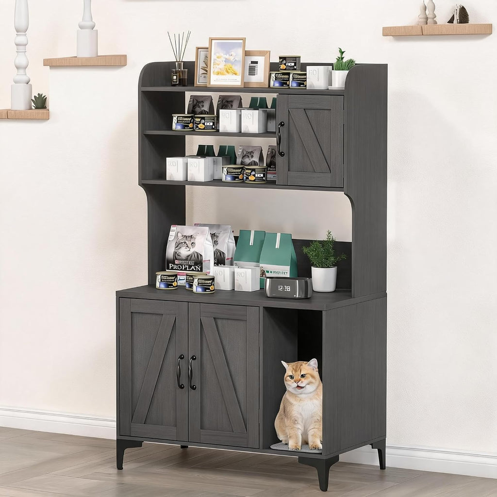 Tall Hidden Cat Litter Box Enclosure Cabinet - 4-Tier Storage Shelves, 2-Door Wood Cat Washroom Furniture, Indoor Cat House - White, with Cat Litter Mat