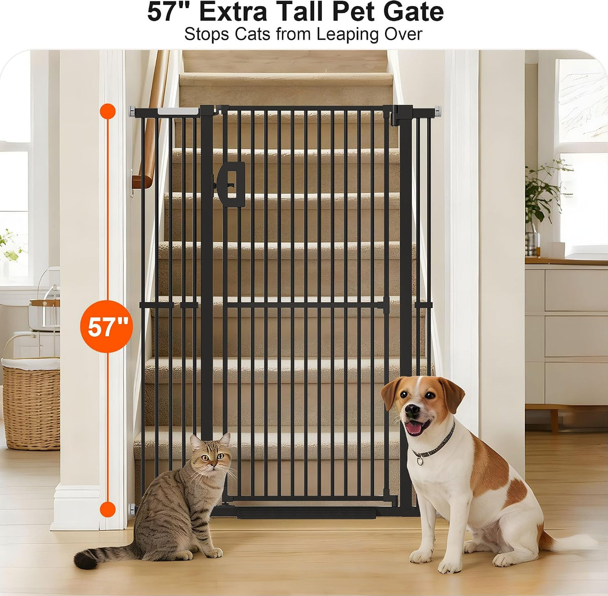 Jekriuet 57" Extra Tall Pet Gate, 27.5"-38.5" Wide, Black
