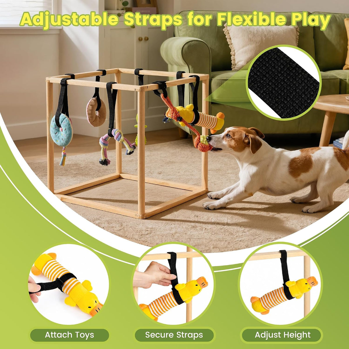 Puppy Play Gym for Small Dogs, Wooden Indoor Dog Playground with Hanging Toys, Interactive Puppy Gym & Jungle Gym for Enrichment, Agility Equipment (17.3 inch)
