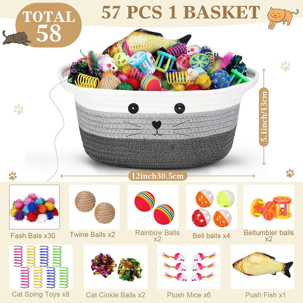 Zopeal 58 Pcs Cat Toy Set with Storage Basket Indoor, Multicolor, 12 Inch