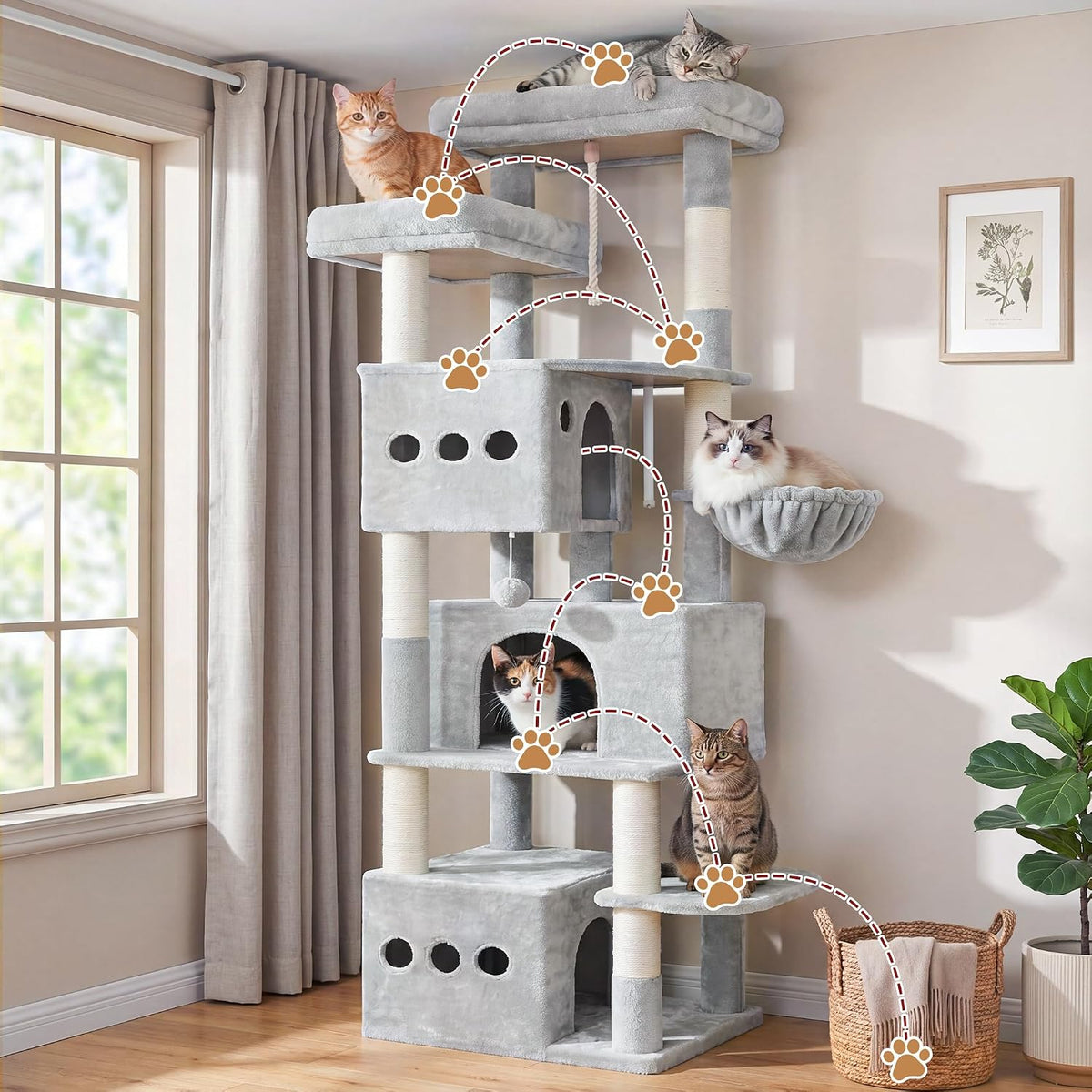 Cat Tree, 71.6'' Tall Cat Tower with 3 Large Cat Condos, GCT800W