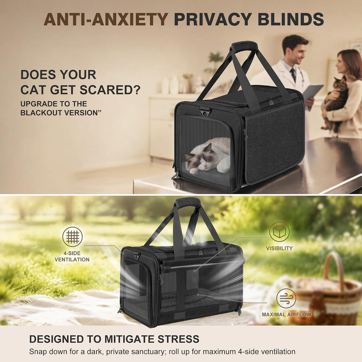 Soft Sided Cat Carrier for Anxious Pets with Privacy Roller Blinds