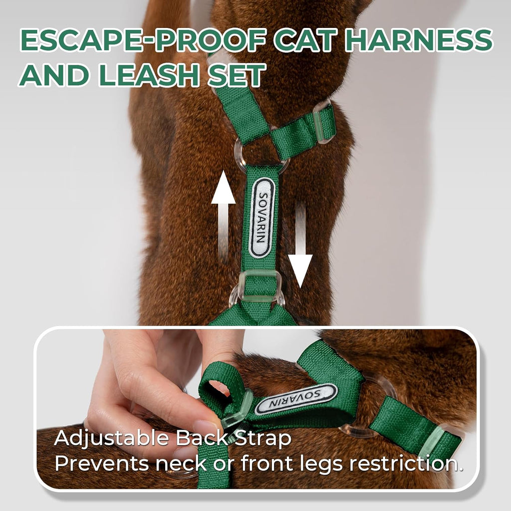 Cat Harness and Leash Set - Green Lightweight Soft Kitten Harness Escape Proof, Adjustable Travel Pet Harness for Walking，Easy Control Comfortable Outdoor (Green, One Size Fits All)