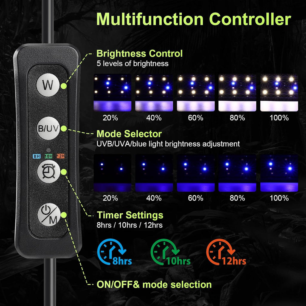 12W LED UVB Light for Reptiles Terrarium Light Extendable Reptile Tank Light with Controller ＆Dimming and 5 UVI Modes Full Spectrum Brilliant White Blue Red Lights for Bearded Dragon, Gecko